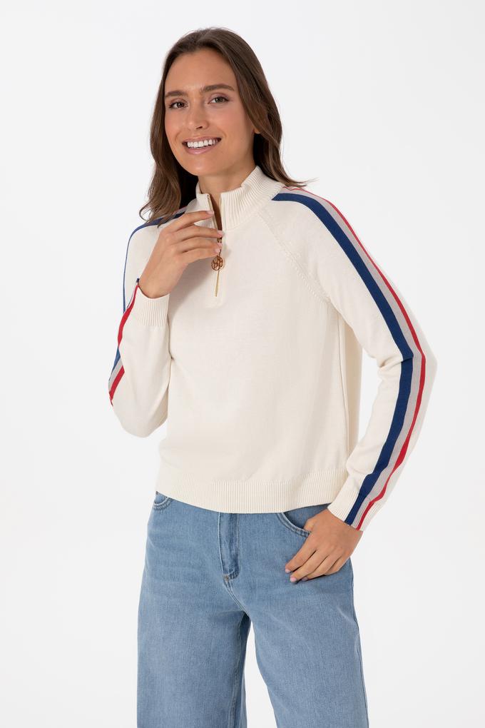 Kadın Krem V Yaka Fermuarlı Kazak