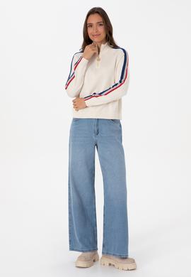 Kadın Krem V Yaka Fermuarlı Kazak - 50314691012