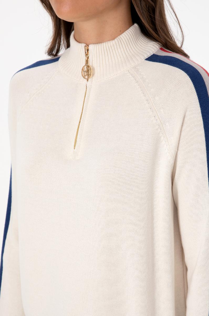 Kadın Krem V Yaka Fermuarlı Kazak