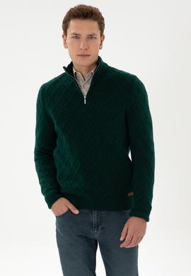 Erkek Regular Fit Yarım Fermuarlı Desenli Koyu Yeşil Kazak - 50315035045