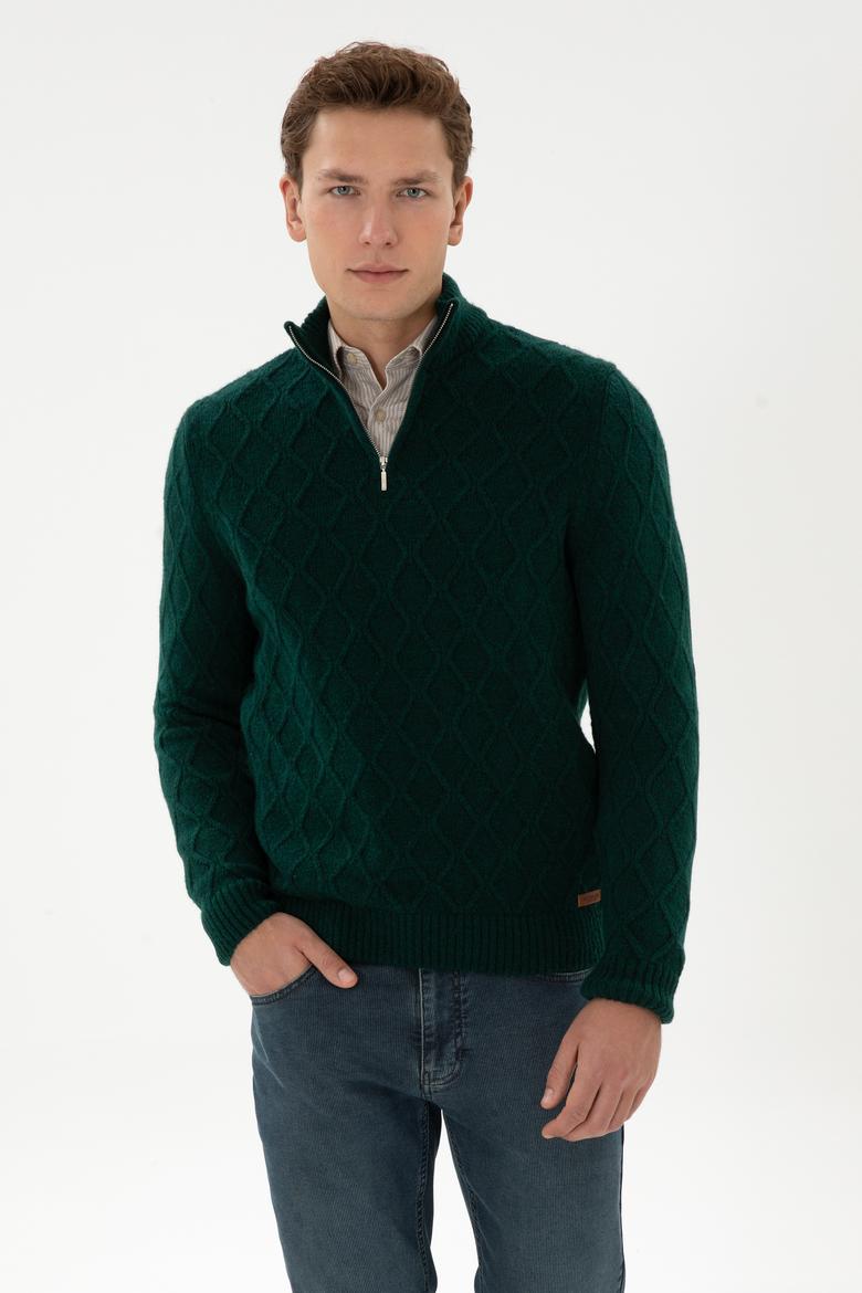 Erkek Regular Fit Yarım Fermuarlı Desenli Koyu Yeşil Kazak