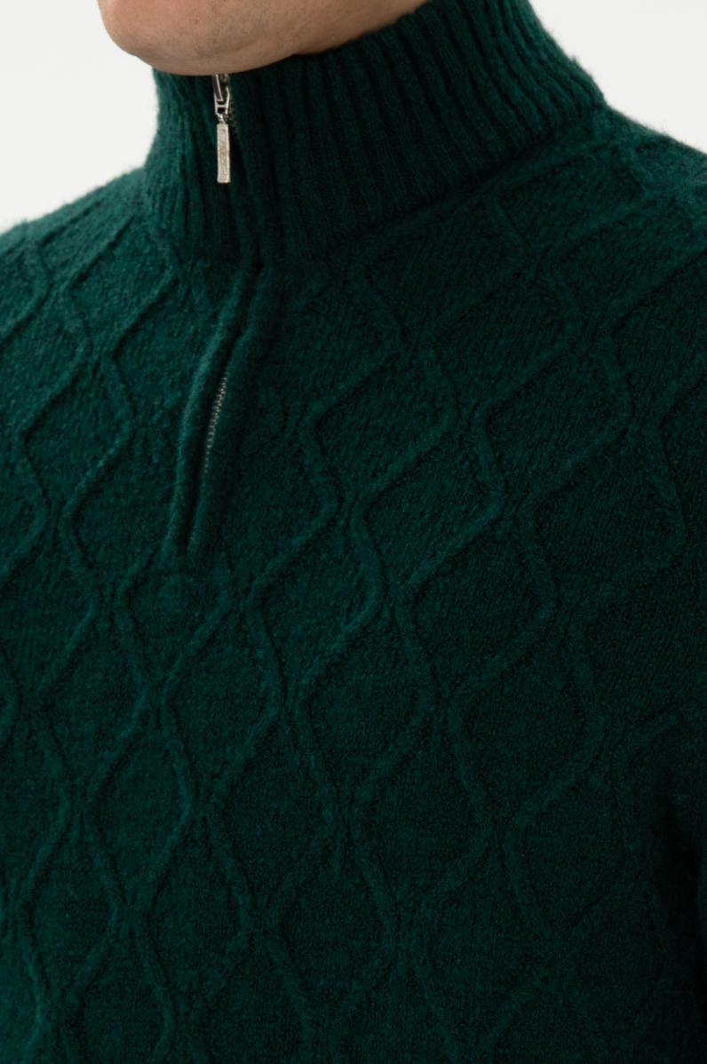 Erkek Regular Fit Yarım Fermuarlı Desenli Koyu Yeşil Kazak