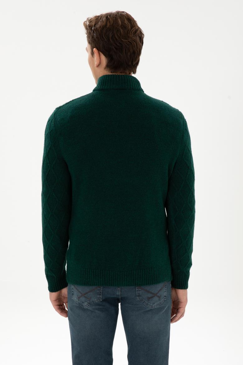 Erkek Regular Fit Yarım Fermuarlı Desenli Koyu Yeşil Kazak - 50315035045