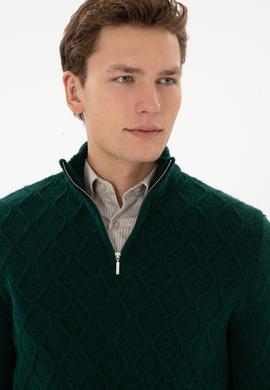 Erkek Regular Fit Yarım Fermuarlı Desenli Koyu Yeşil Kazak - 50315035045