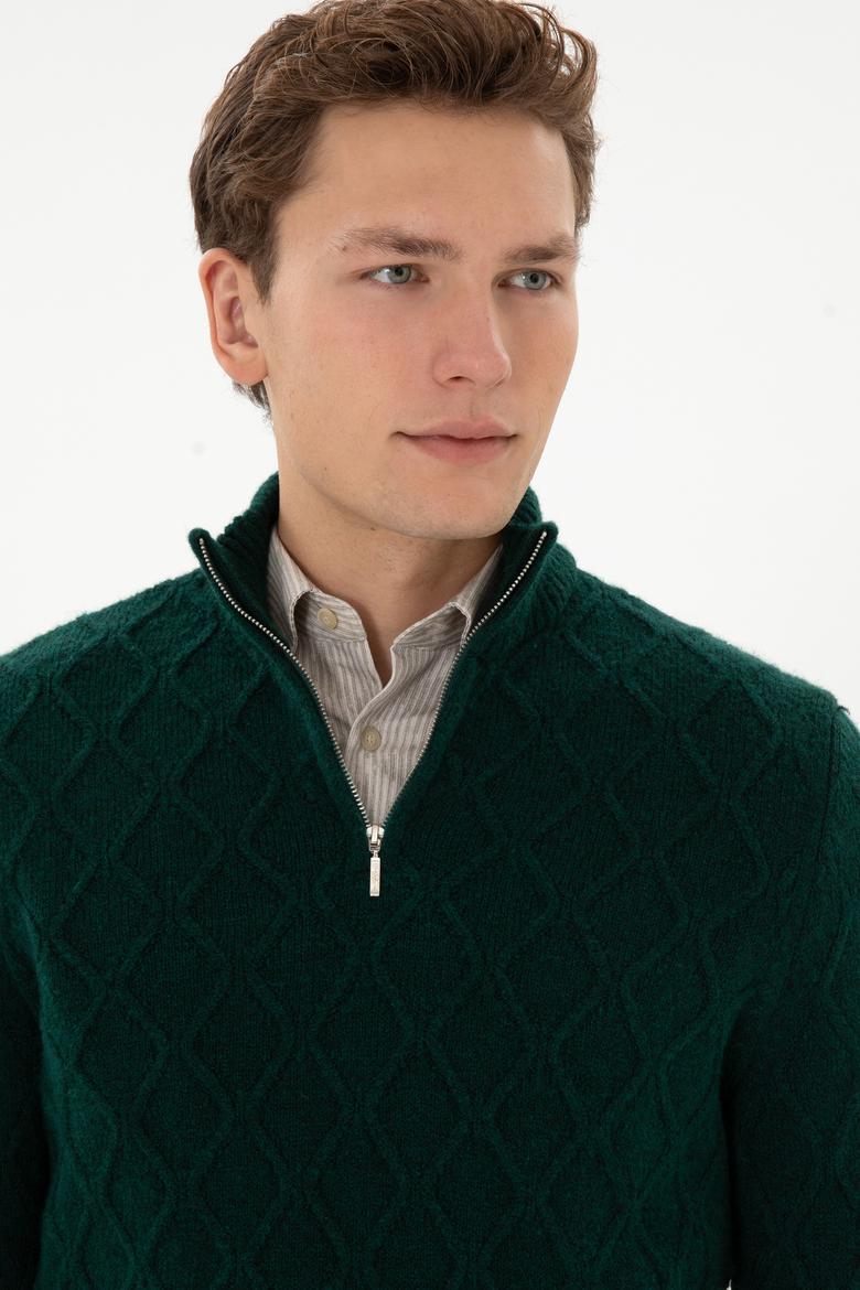 Erkek Regular Fit Yarım Fermuarlı Desenli Koyu Yeşil Kazak - 50315035045