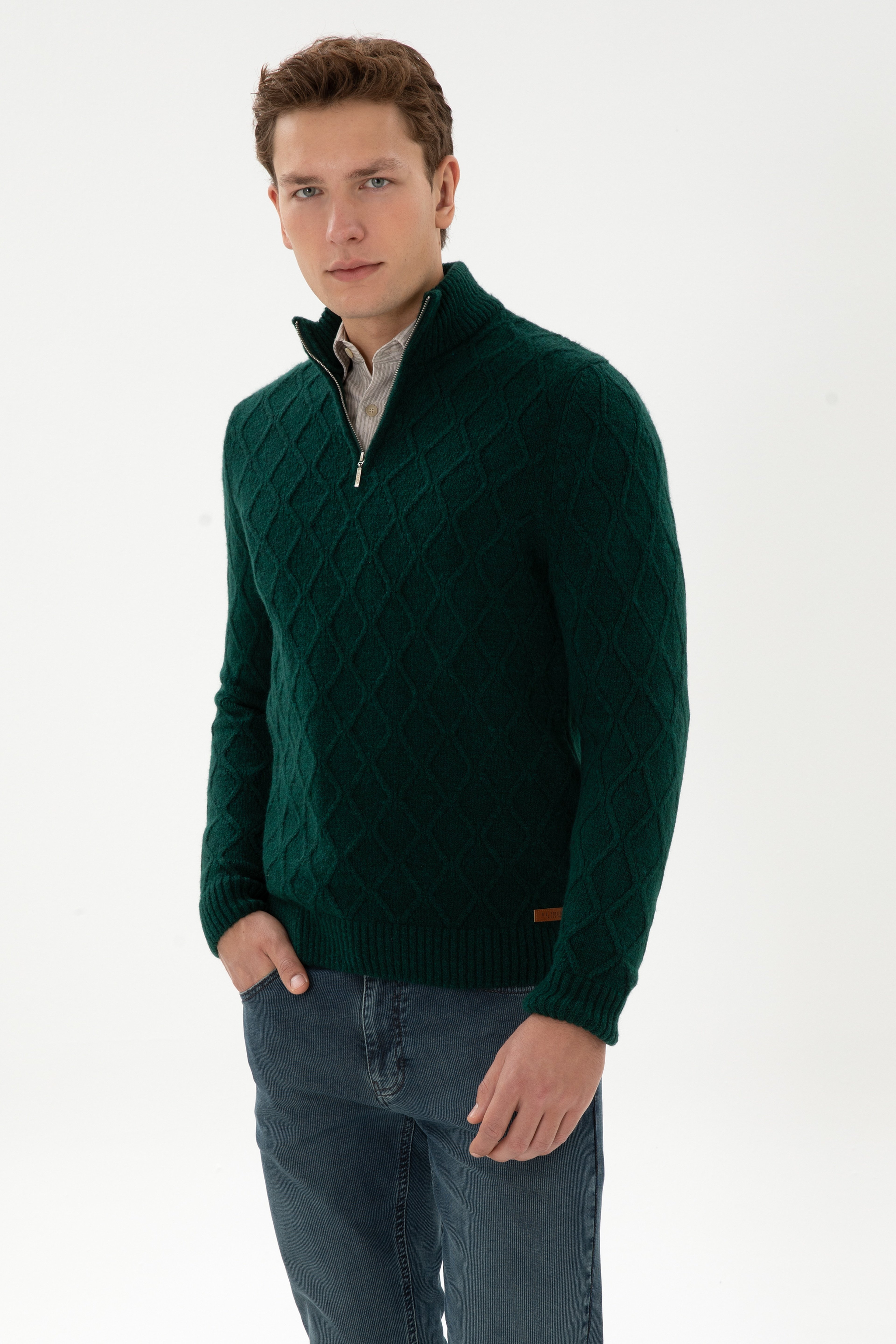 Erkek Regular Fit Yarım Fermuarlı Desenli Koyu Yeşil Kazak - Image 3