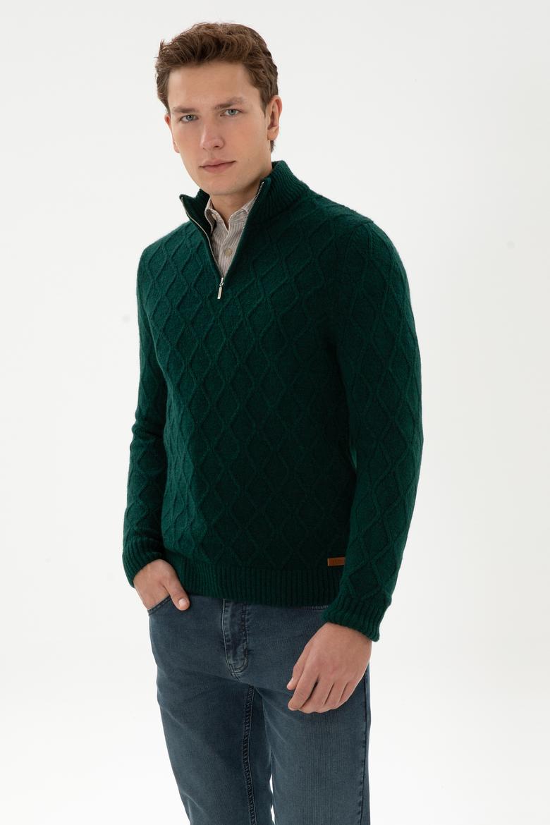 Erkek Regular Fit Yarım Fermuarlı Desenli Koyu Yeşil Kazak - 50315035045