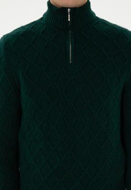 Erkek Regular Fit Yarım Fermuarlı Desenli Koyu Yeşil Kazak - 50315035045