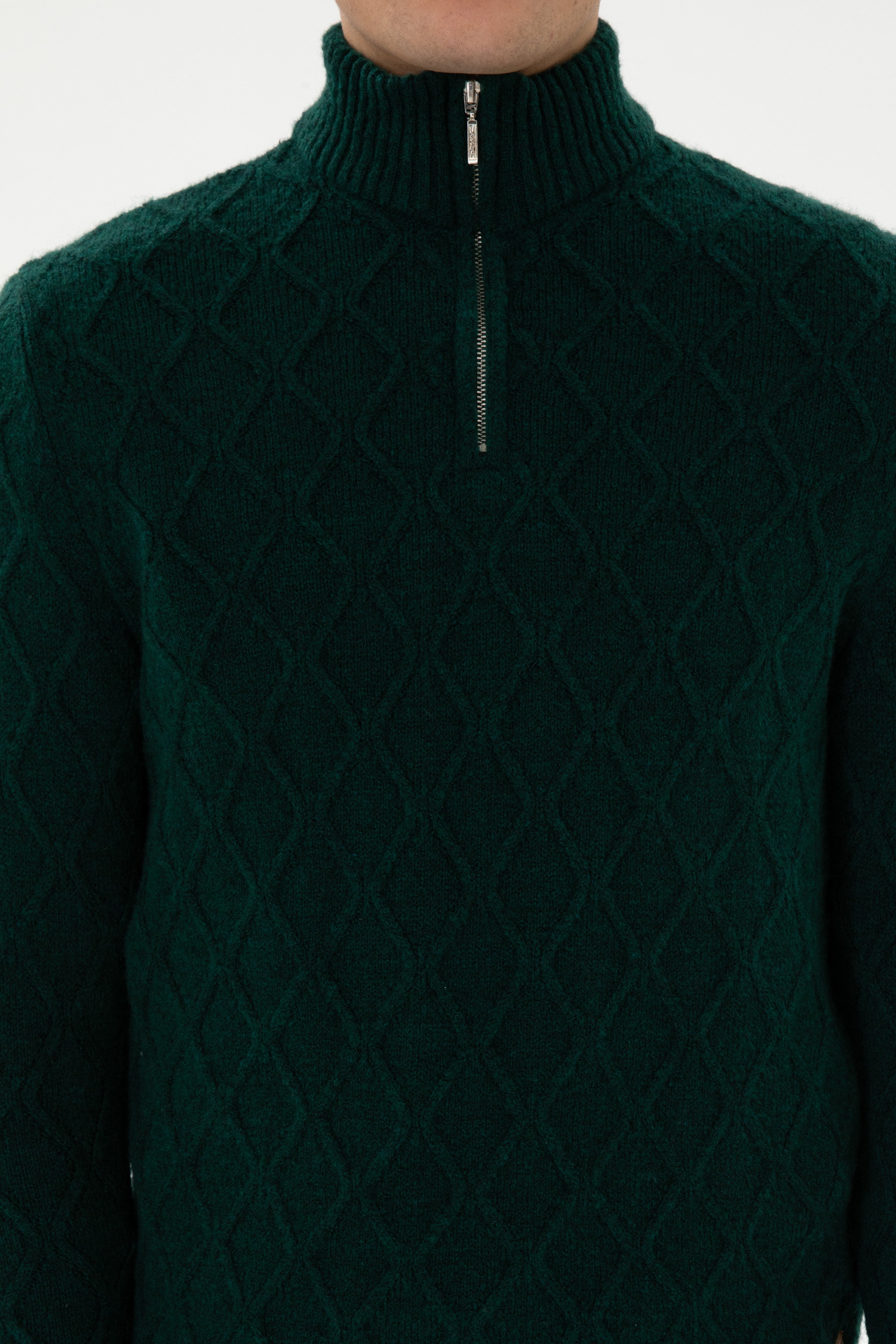 Erkek Regular Fit Yarım Fermuarlı Desenli Koyu Yeşil Kazak - Image 6