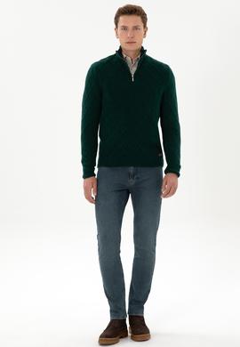 Erkek Regular Fit Yarım Fermuarlı Desenli Koyu Yeşil Kazak - 50315035045