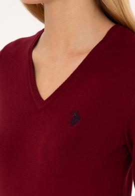 Kadın Bordo V Yaka Basic Kazak - 50313590011