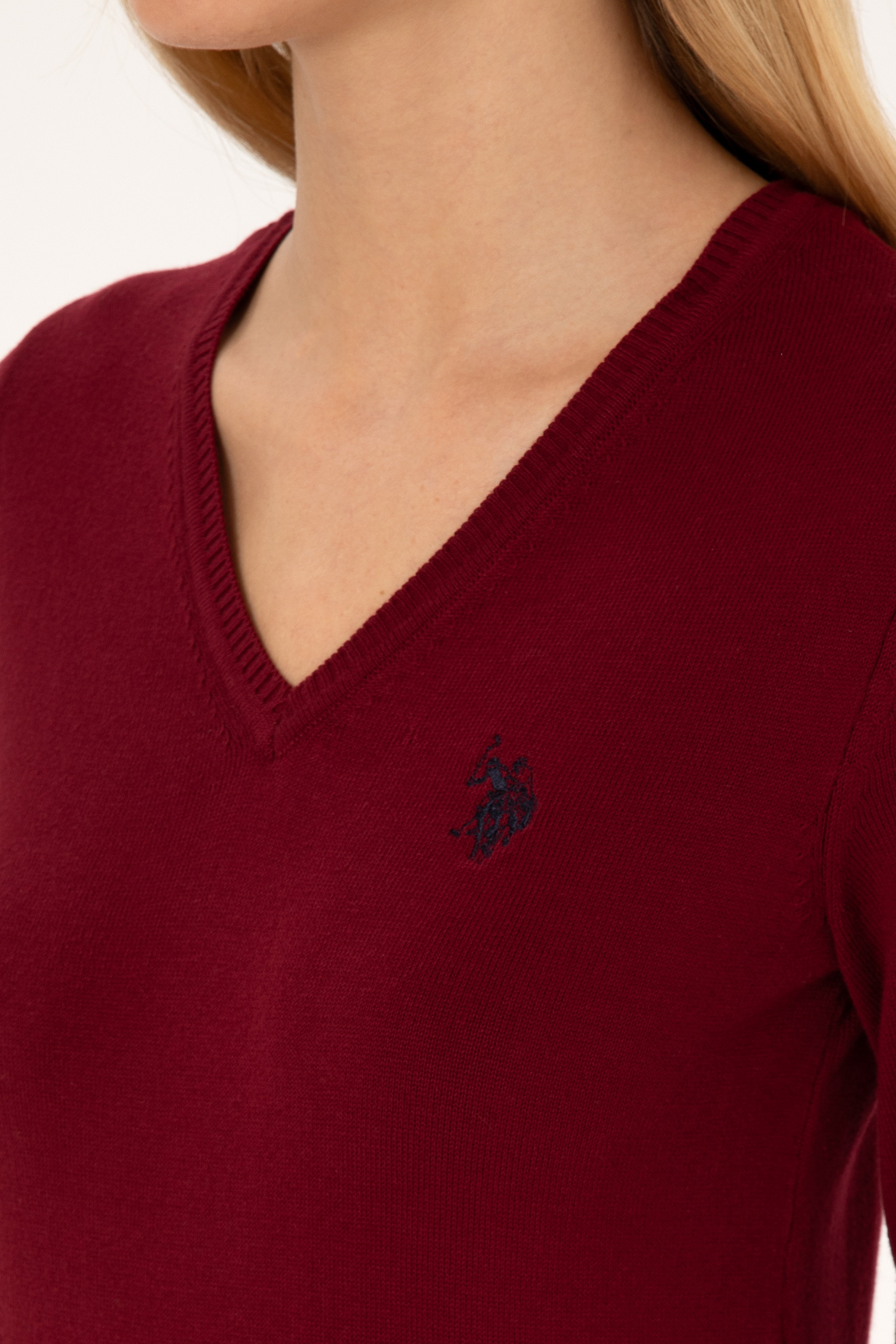 Kadın Bordo V Yaka Basic Kazak - Image 7