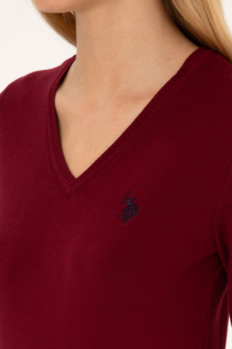 Kadın Bordo V Yaka Basic Kazak