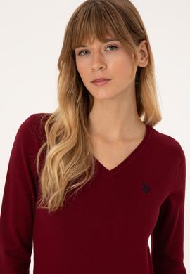 Kadın Bordo V Yaka Basic Kazak - 50313590011