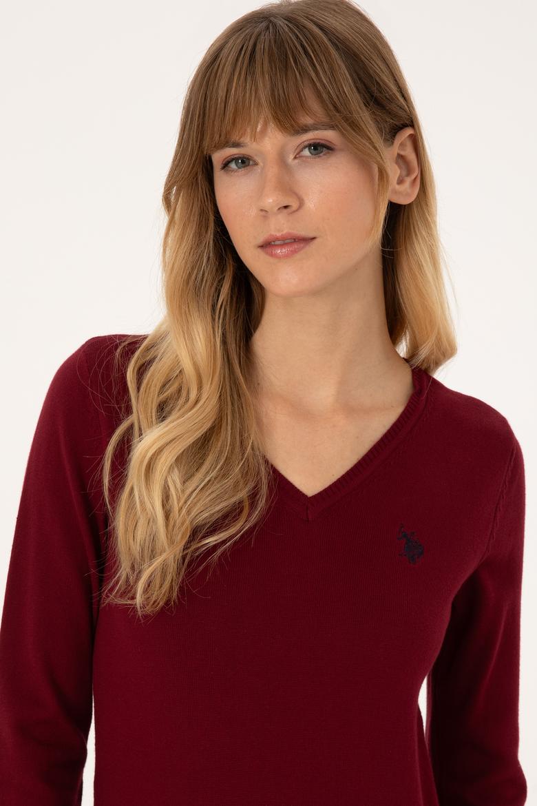 Kadın Bordo V Yaka Basic Kazak - 50313590011