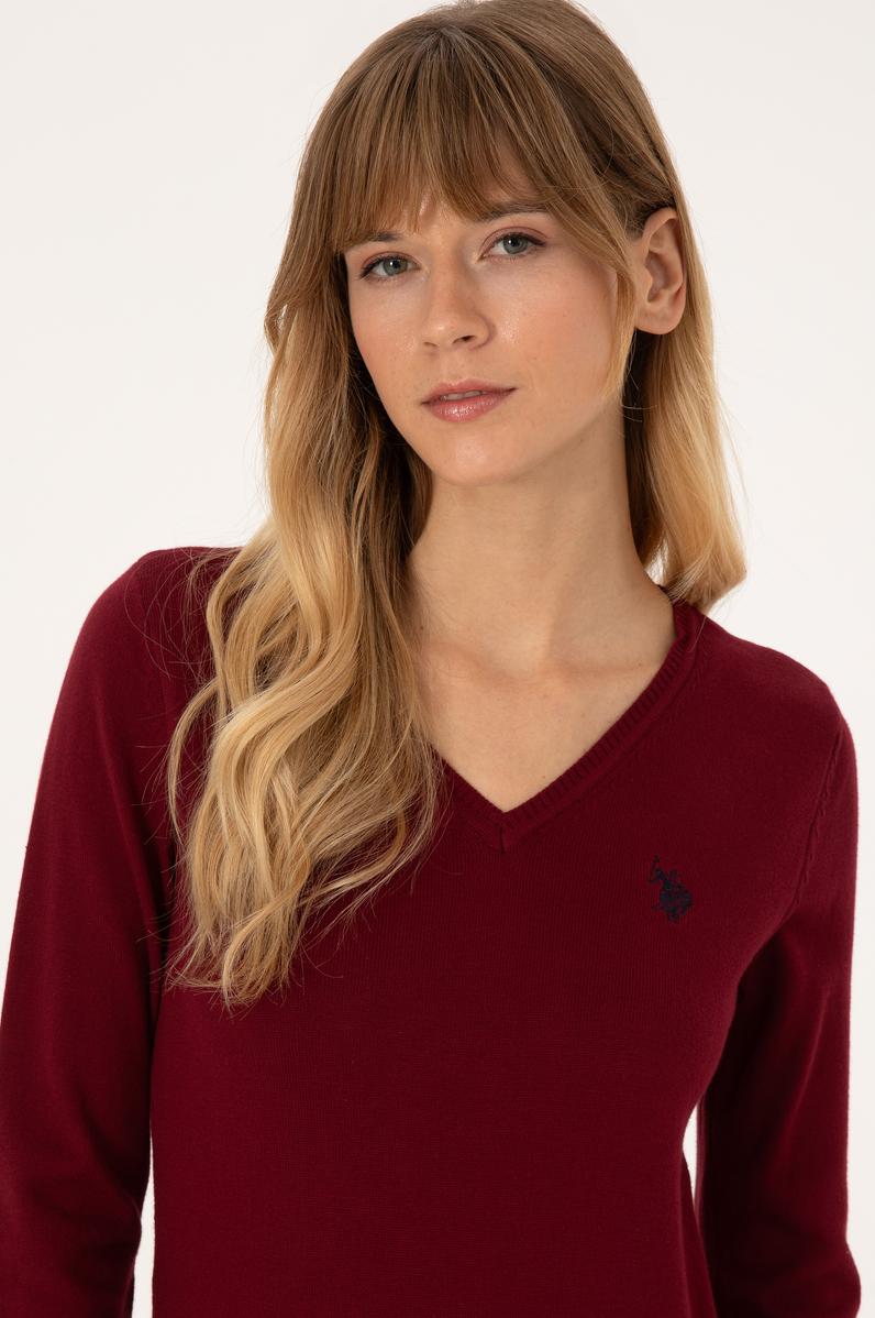 Kadın Bordo V Yaka Basic Kazak