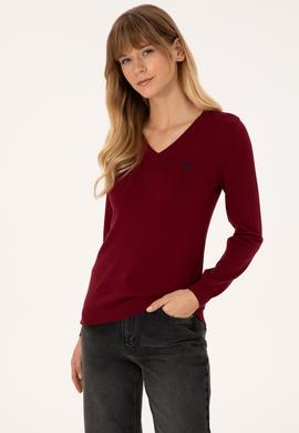 Kadın Bordo V Yaka Basic Kazak - 50313590011