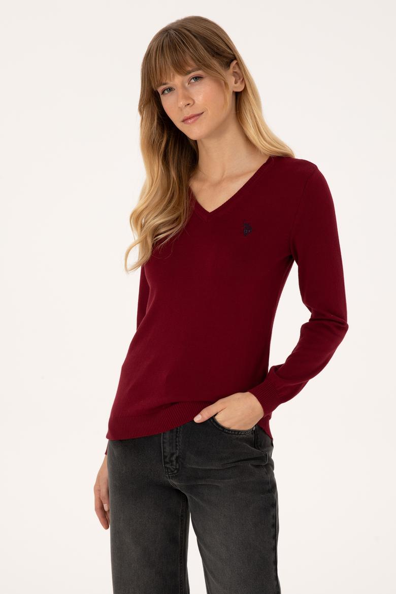 Kadın Bordo V Yaka Basic Kazak - 50313590011