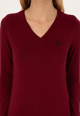 Kadın Bordo V Yaka Basic Kazak - 50313590011