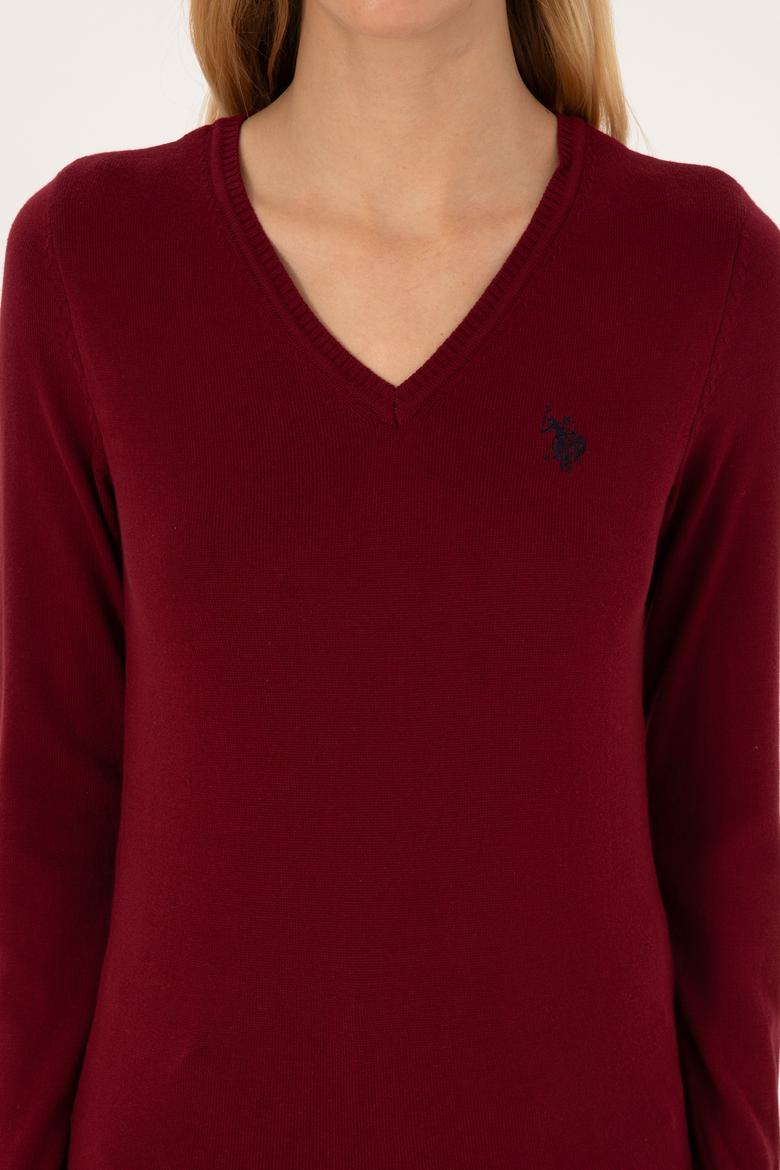 Kadın Bordo V Yaka Basic Kazak - 50313590011
