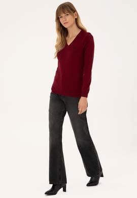 Kadın Bordo V Yaka Basic Kazak - 50313590011