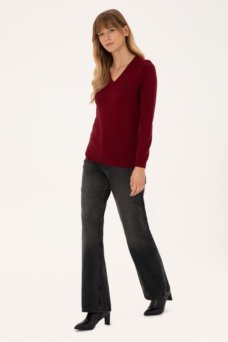 Kadın Bordo V Yaka Basic Kazak - 50313590011