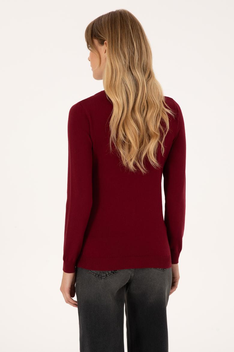 Kadın Bordo V Yaka Basic Kazak - 50313590011