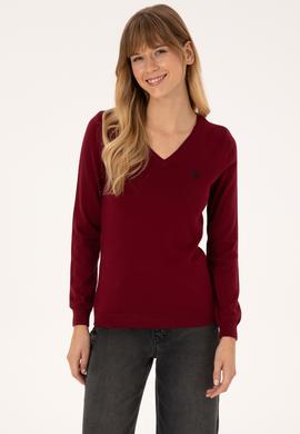 Kadın Bordo V Yaka Basic Kazak - 50313590011
