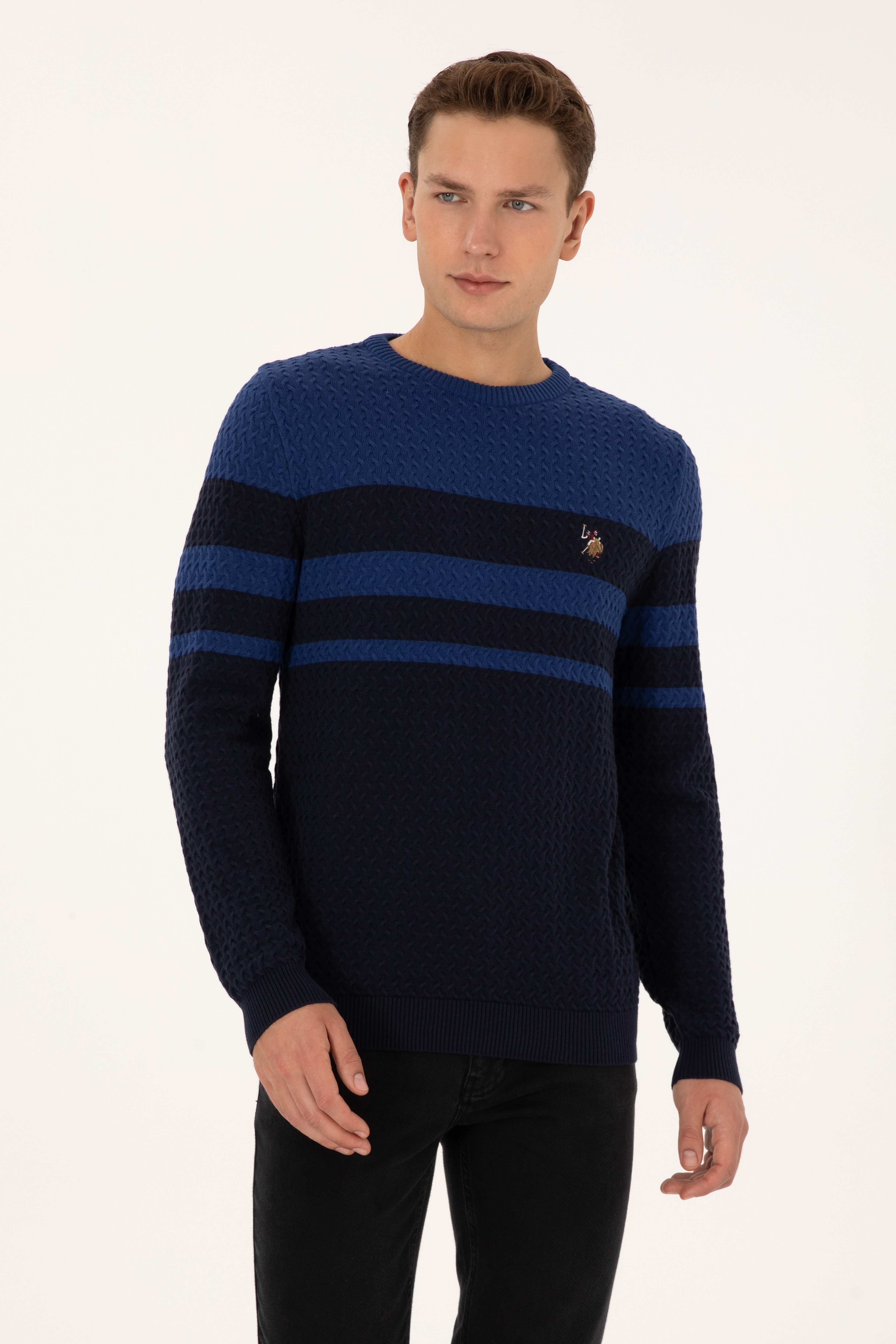 Erkek Slim Fit Bisiklet Yaka Lacivert Kazak