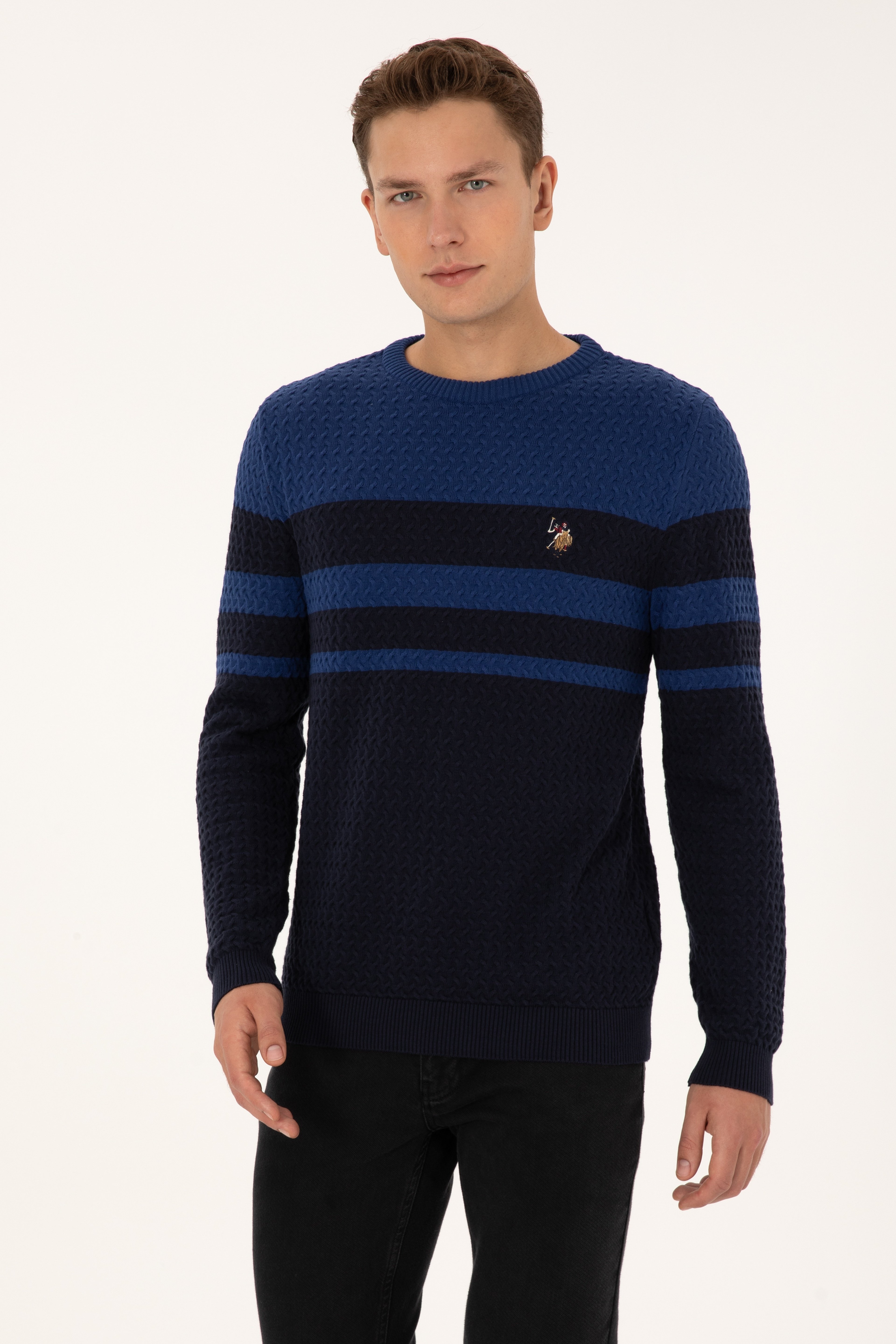 Erkek Slim Fit Bisiklet Yaka Lacivert Kazak - Image 1