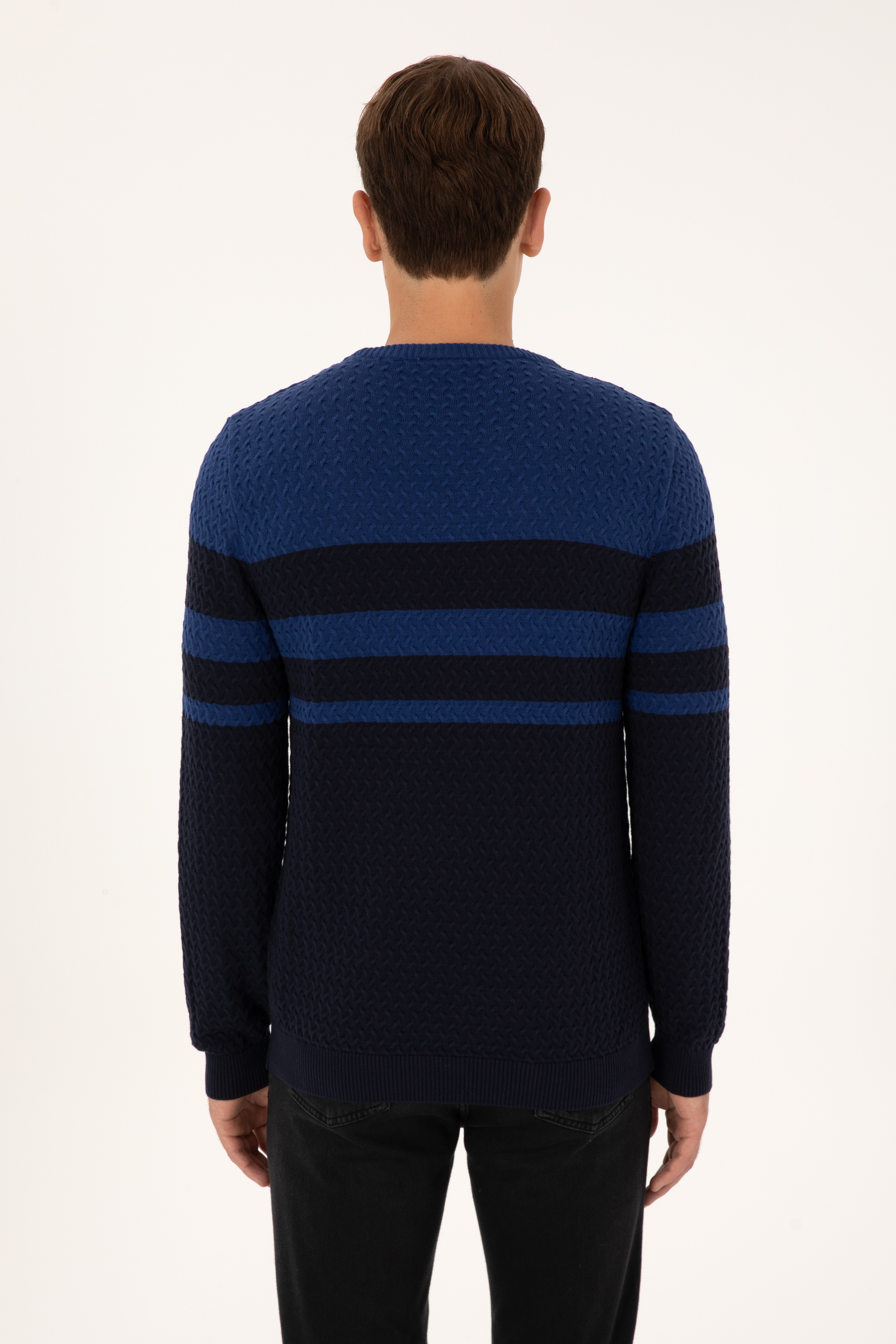 Erkek Slim Fit Bisiklet Yaka Lacivert Kazak - Image 5