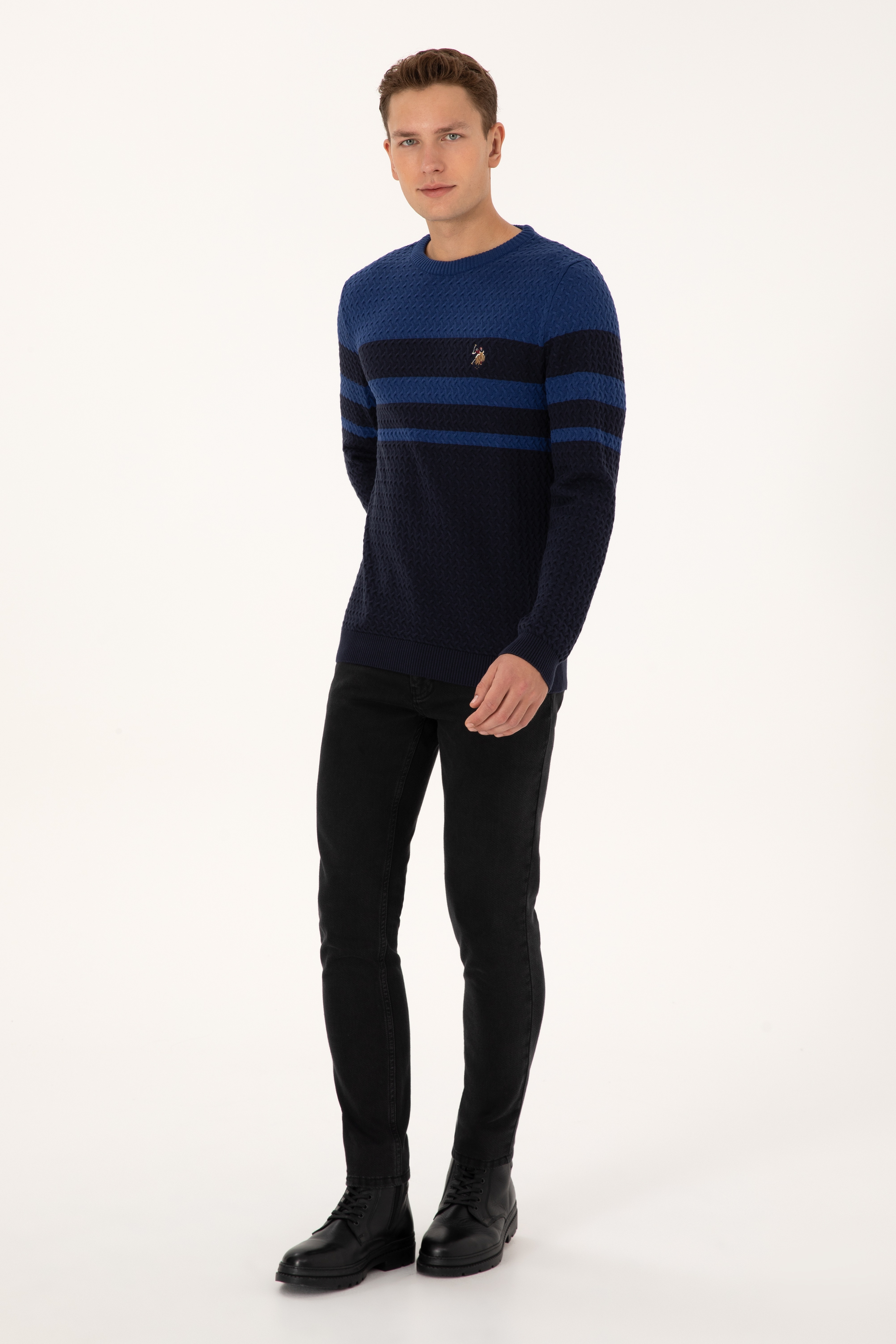 Erkek Slim Fit Bisiklet Yaka Lacivert Kazak - Image 4