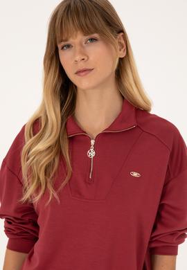 Kadın Koyu Frambuaz Fermuarlı Dik Yaka Sweatshirt - 50309472007