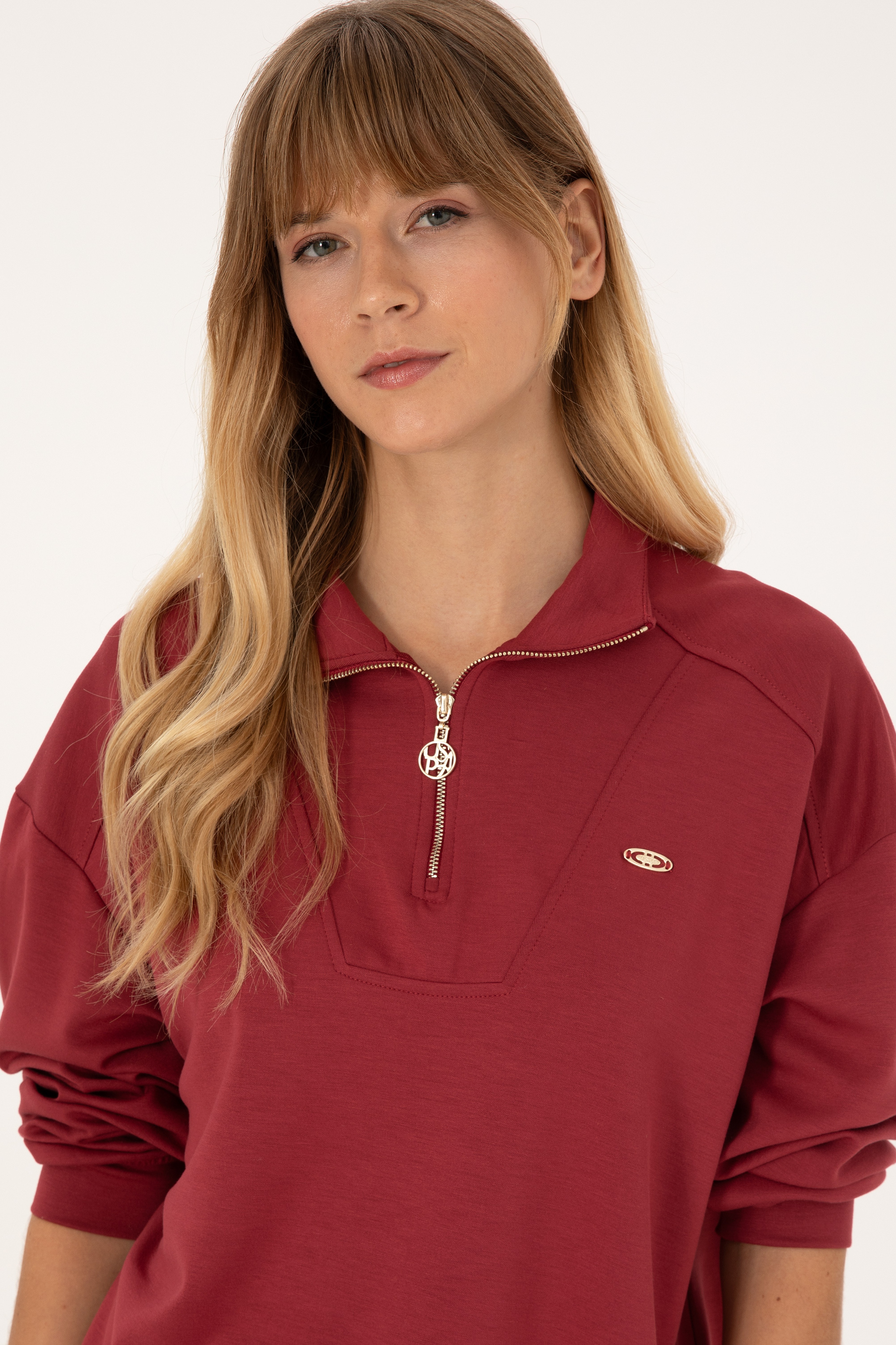 Kadın Koyu Frambuaz Fermuarlı Dik Yaka Sweatshirt - Image 2