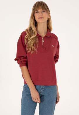 Kadın Koyu Frambuaz Fermuarlı Dik Yaka Sweatshirt - 50309472007