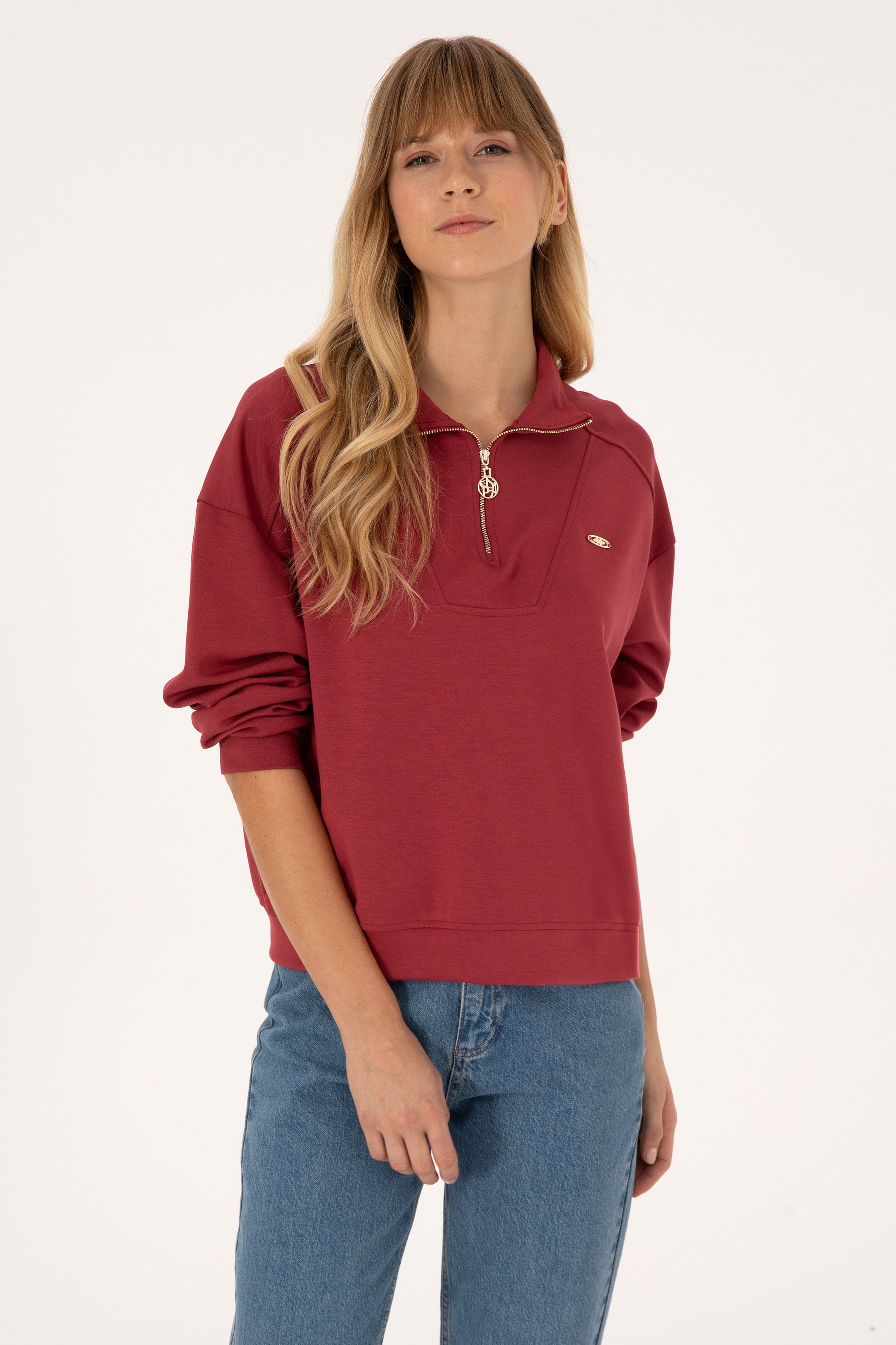 Kadın Koyu Frambuaz Fermuarlı Dik Yaka Sweatshirt - Image 1
