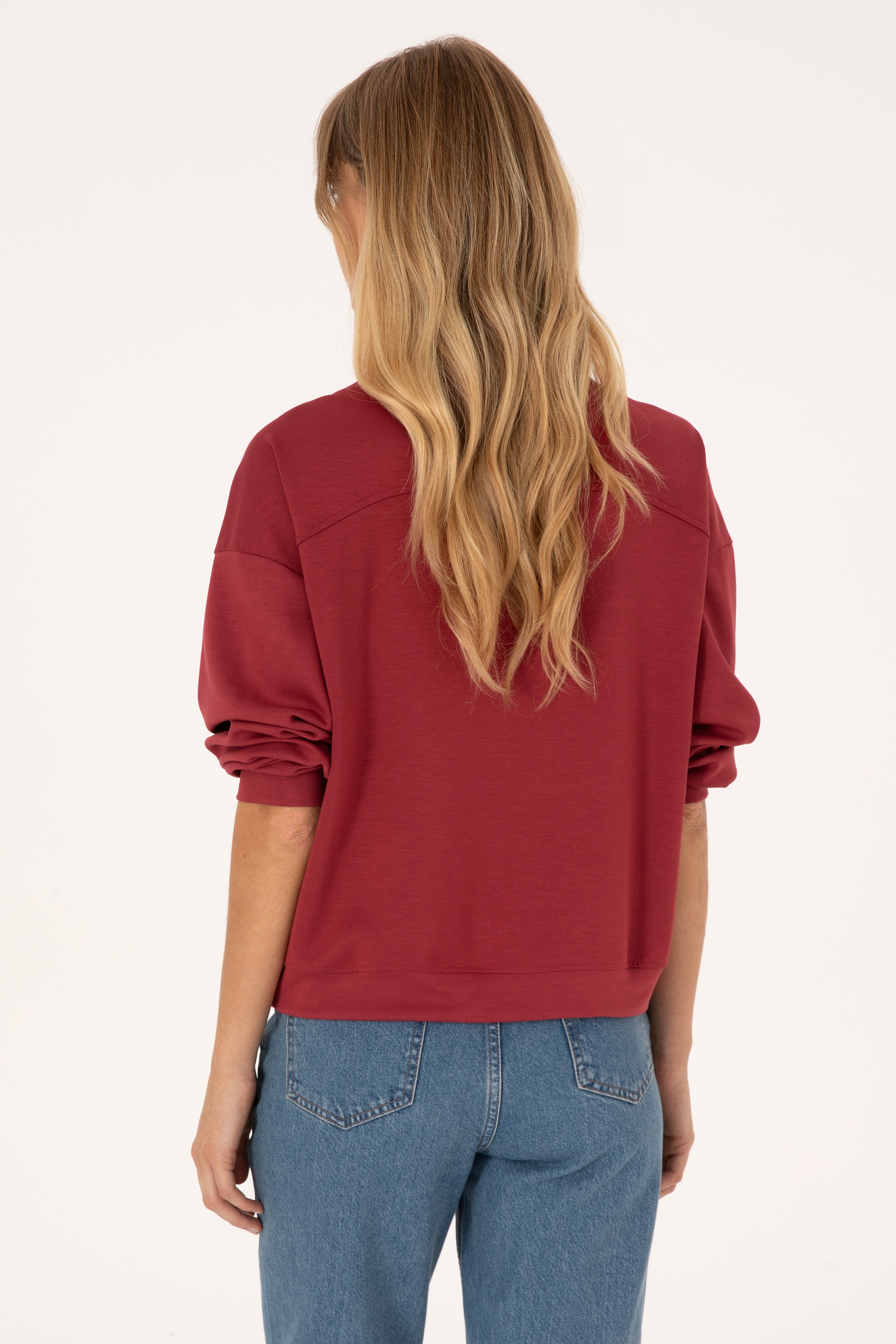 Kadın Koyu Frambuaz Fermuarlı Dik Yaka Sweatshirt - Image 5
