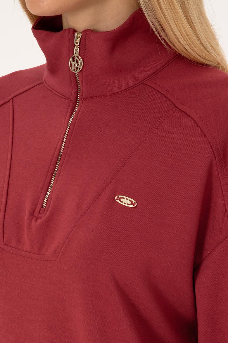 Kadın Koyu Frambuaz Fermuarlı Dik Yaka Sweatshirt - 50309472007