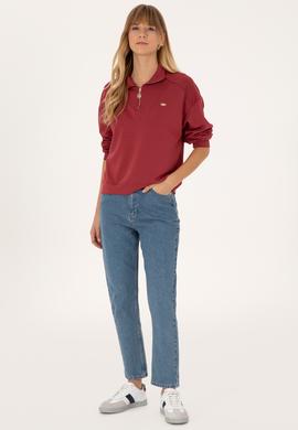 Kadın Koyu Frambuaz Fermuarlı Dik Yaka Sweatshirt - 50309472007