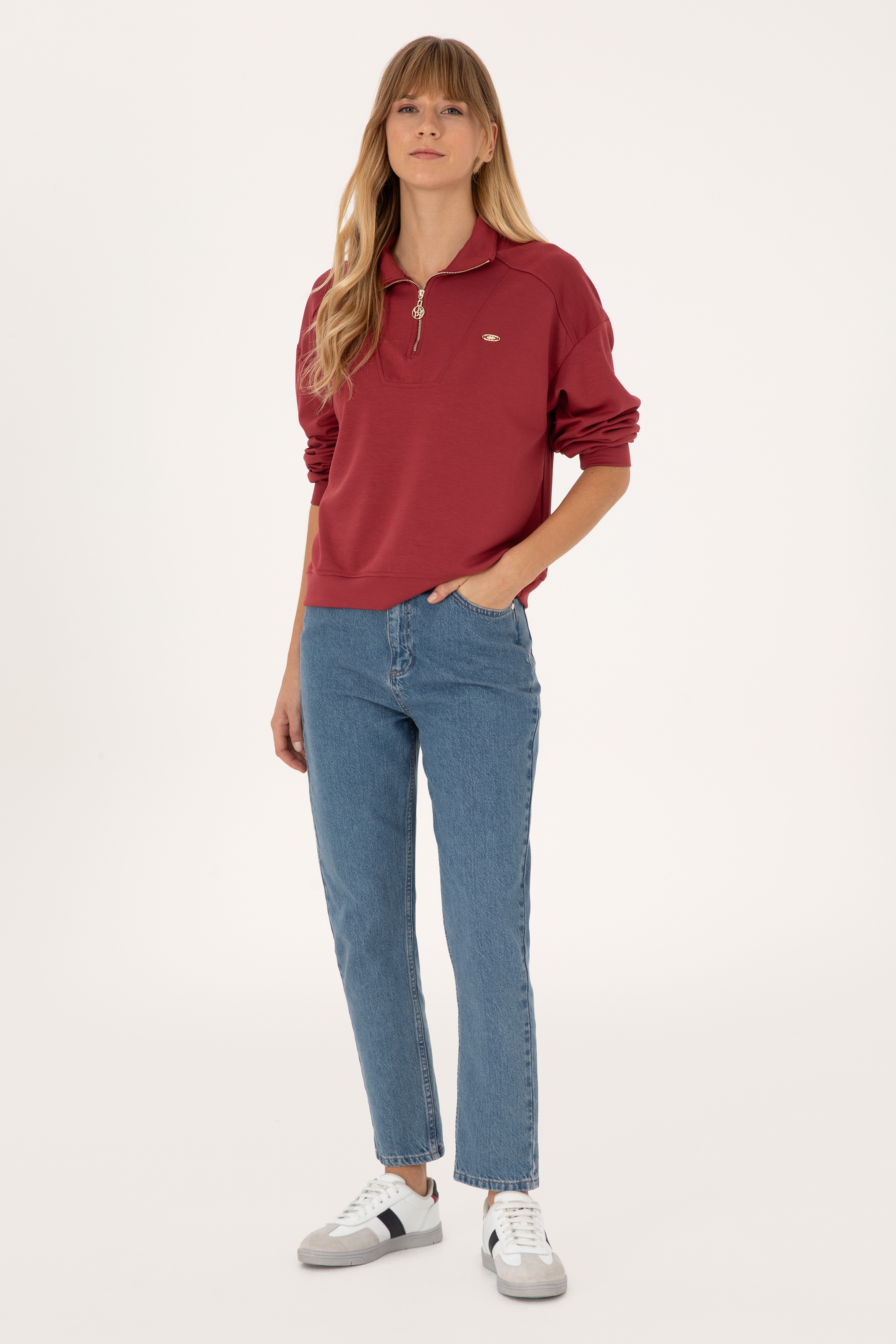 Kadın Koyu Frambuaz Fermuarlı Dik Yaka Sweatshirt