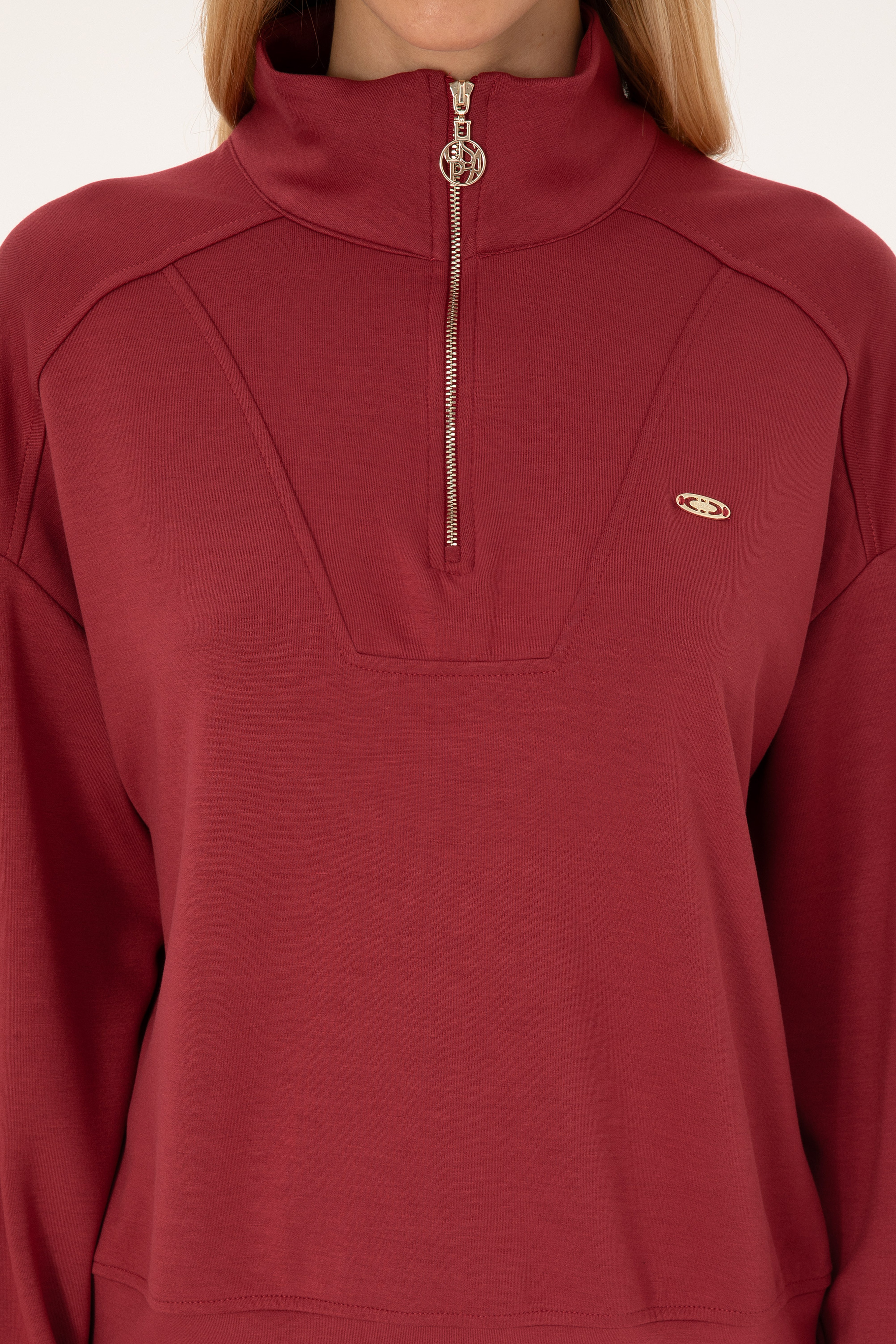 Kadın Koyu Frambuaz Fermuarlı Dik Yaka Sweatshirt - Image 6