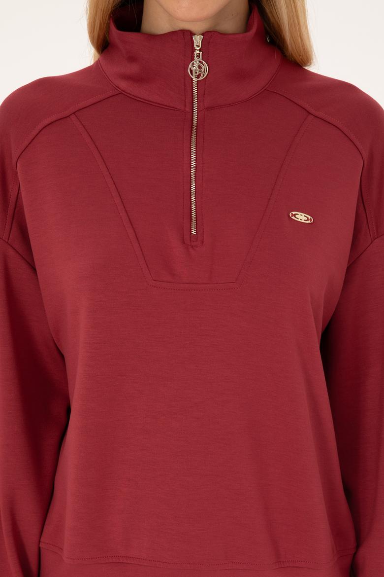 Kadın Koyu Frambuaz Fermuarlı Dik Yaka Sweatshirt - 50309472007