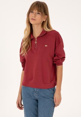 Kadın Koyu Frambuaz Fermuarlı Dik Yaka Sweatshirt - 50309472007