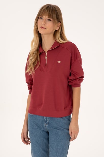 Kadın Koyu Frambuaz Fermuarlı Dik Yaka Sweatshirt