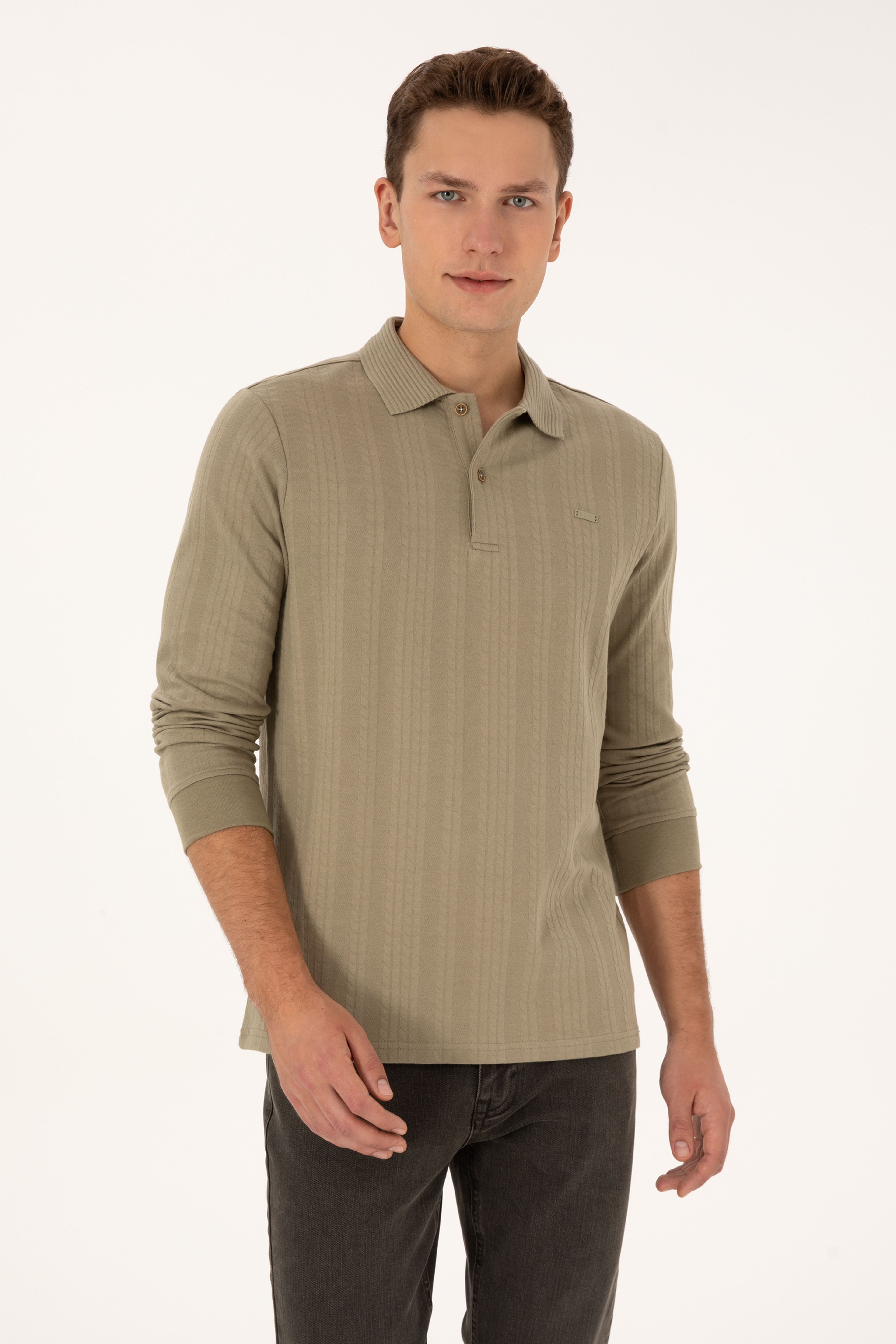 Erkek Regular Fit Polo Yaka Açık Haki Sweatshirt