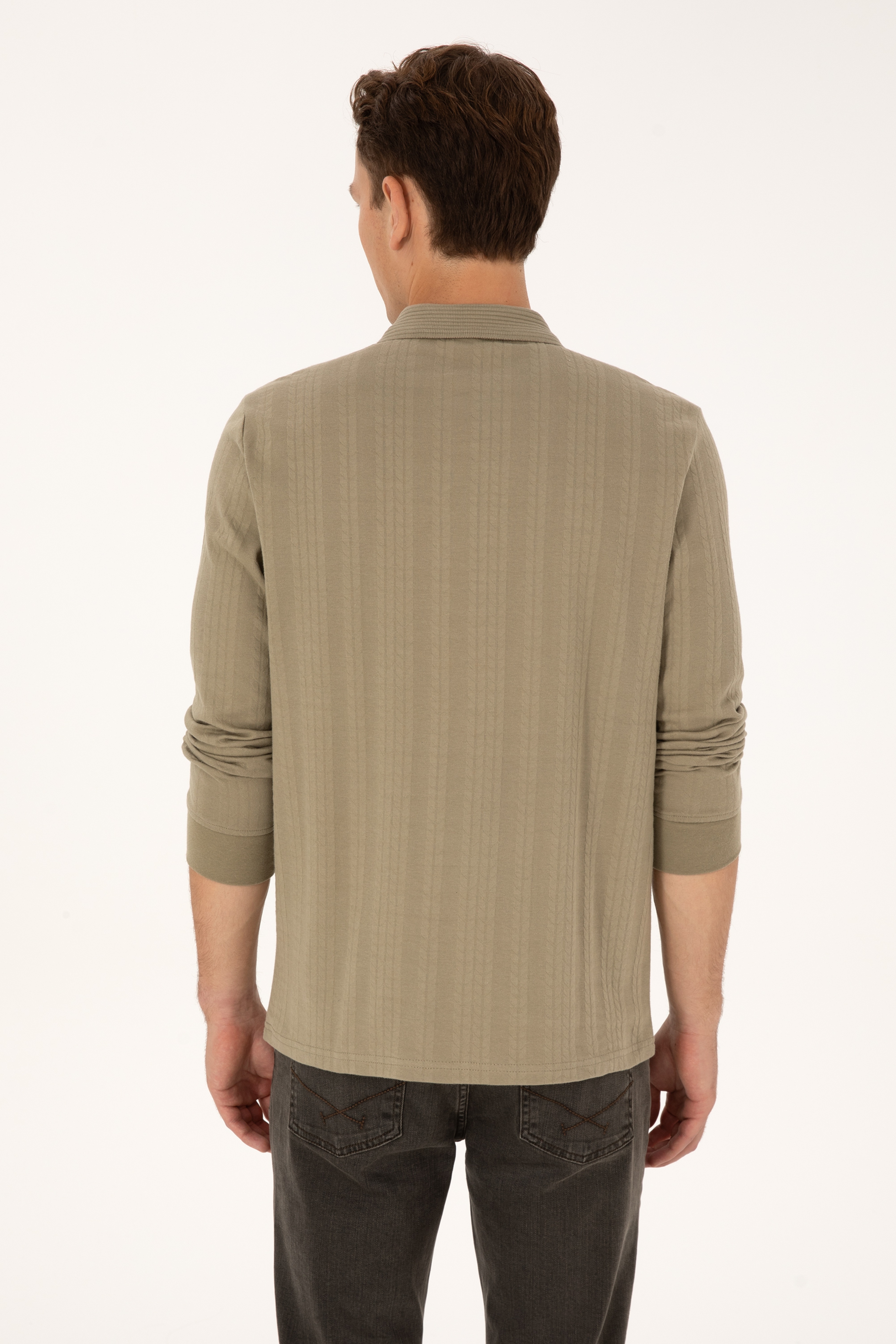 Erkek Regular Fit Polo Yaka Açık Haki Sweatshirt