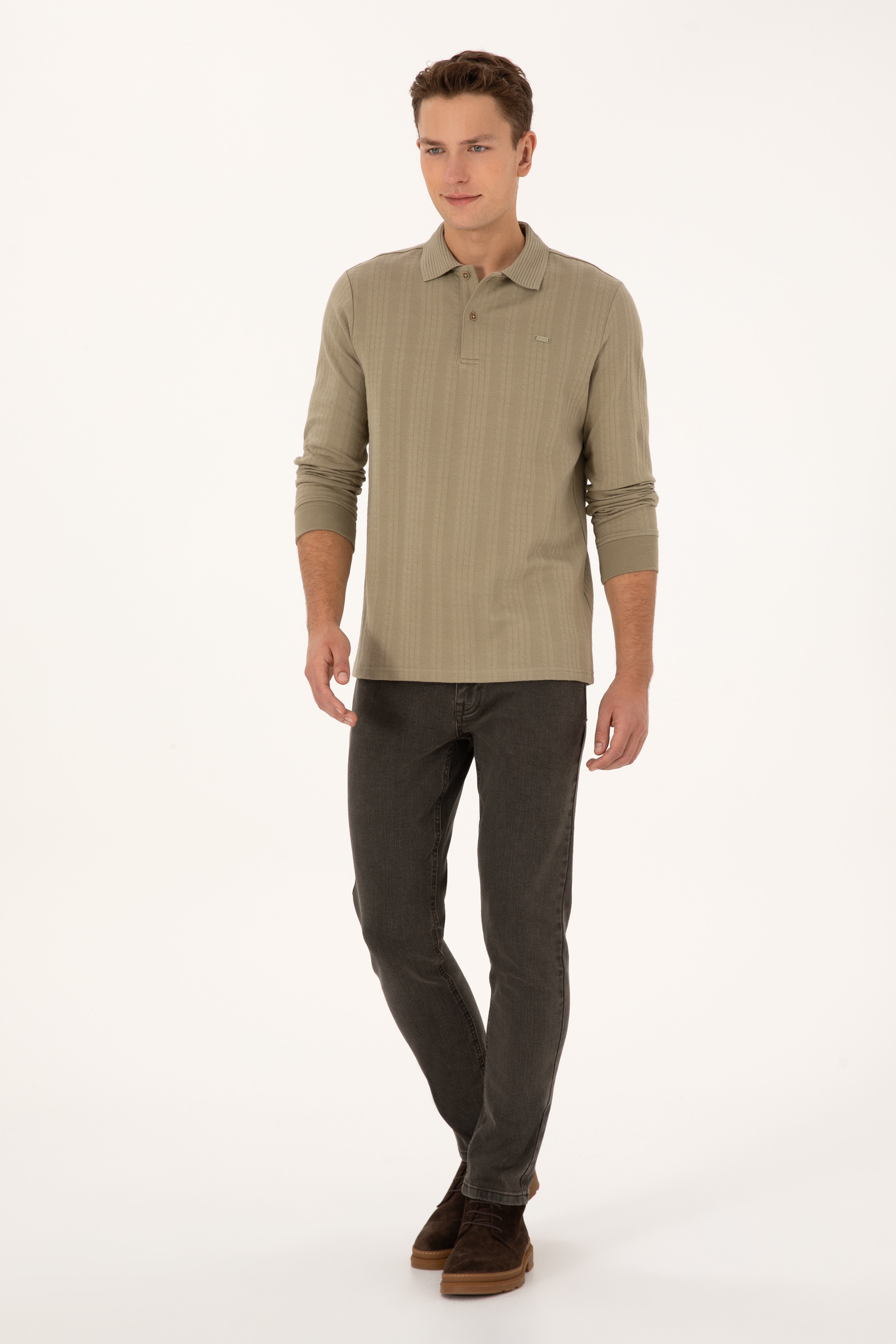 Erkek Regular Fit Polo Yaka Açık Haki Sweatshirt