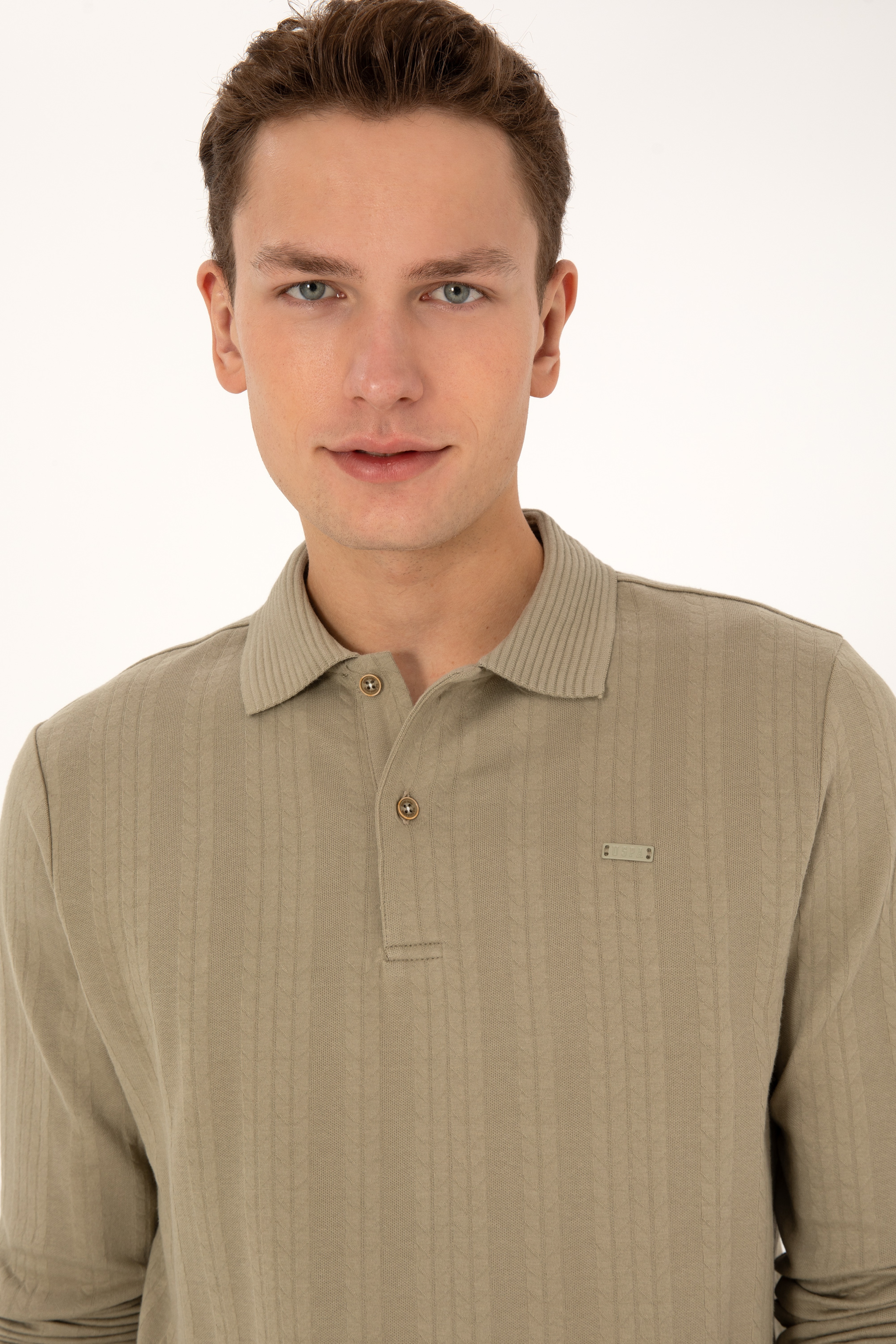 Erkek Regular Fit Polo Yaka Açık Haki Sweatshirt - Image 2