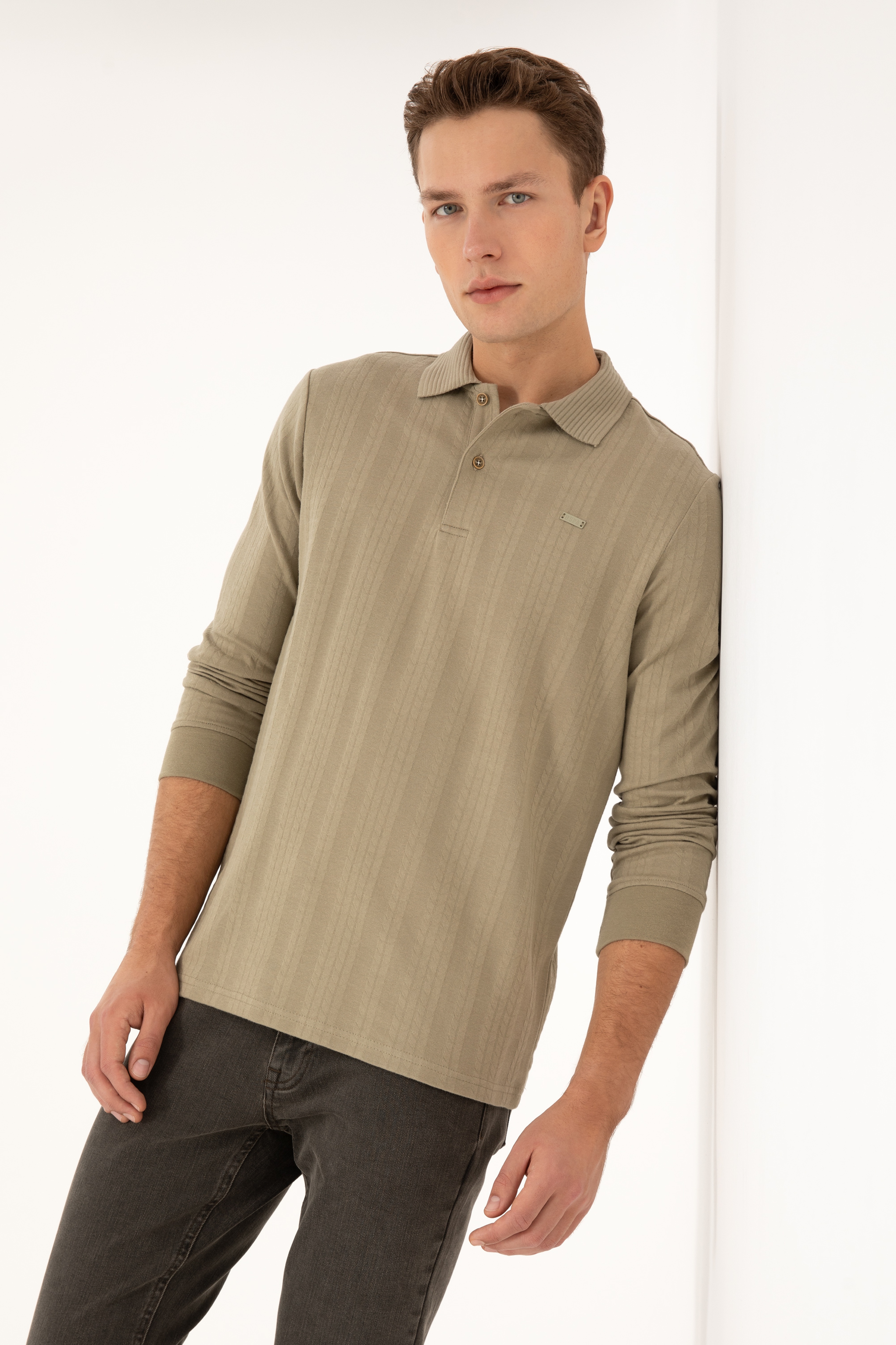 Erkek Regular Fit Polo Yaka Açık Haki Sweatshirt - Image 1