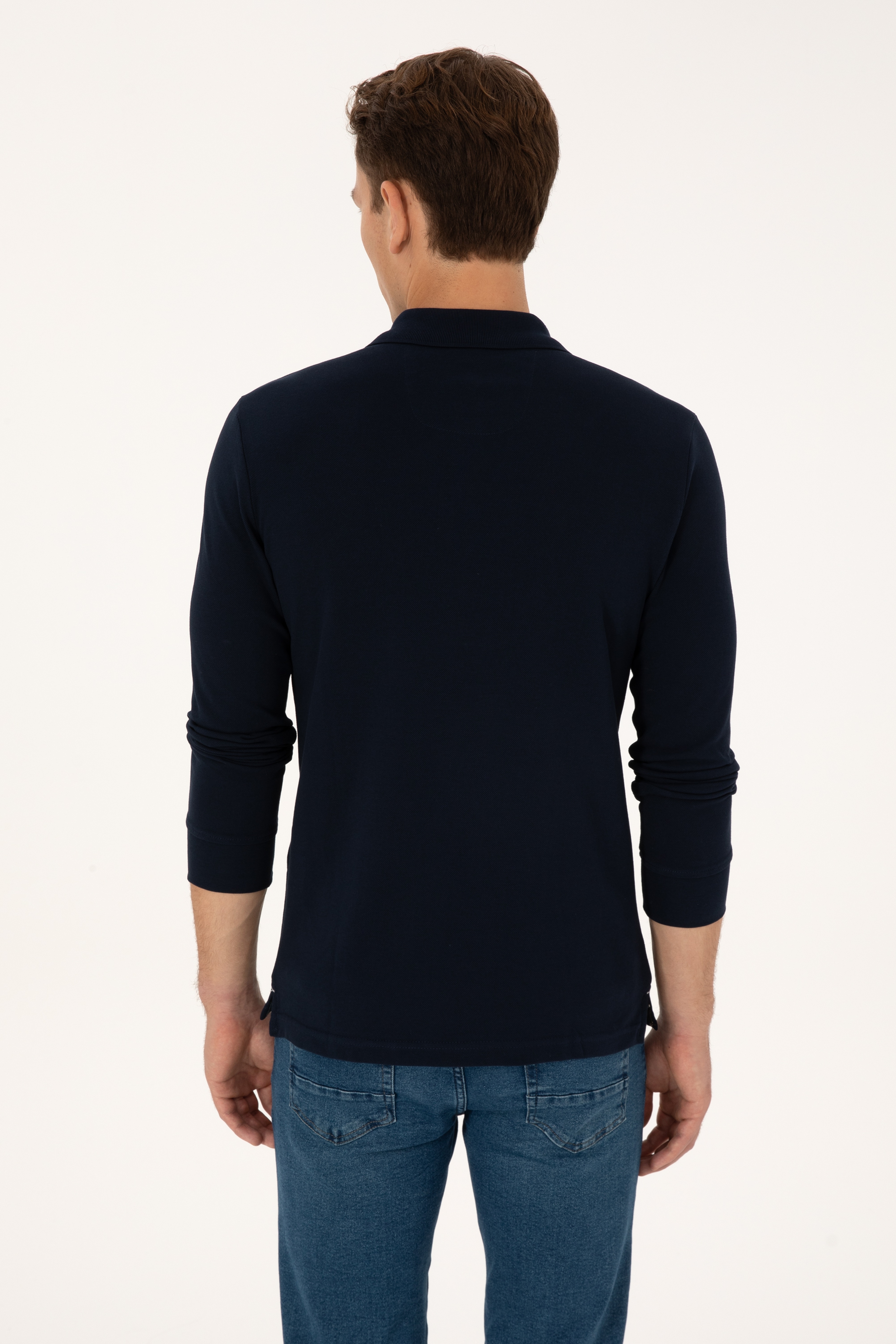 Erkek Slim Fit Polo Yaka Lacivert Basic Sweatshirt